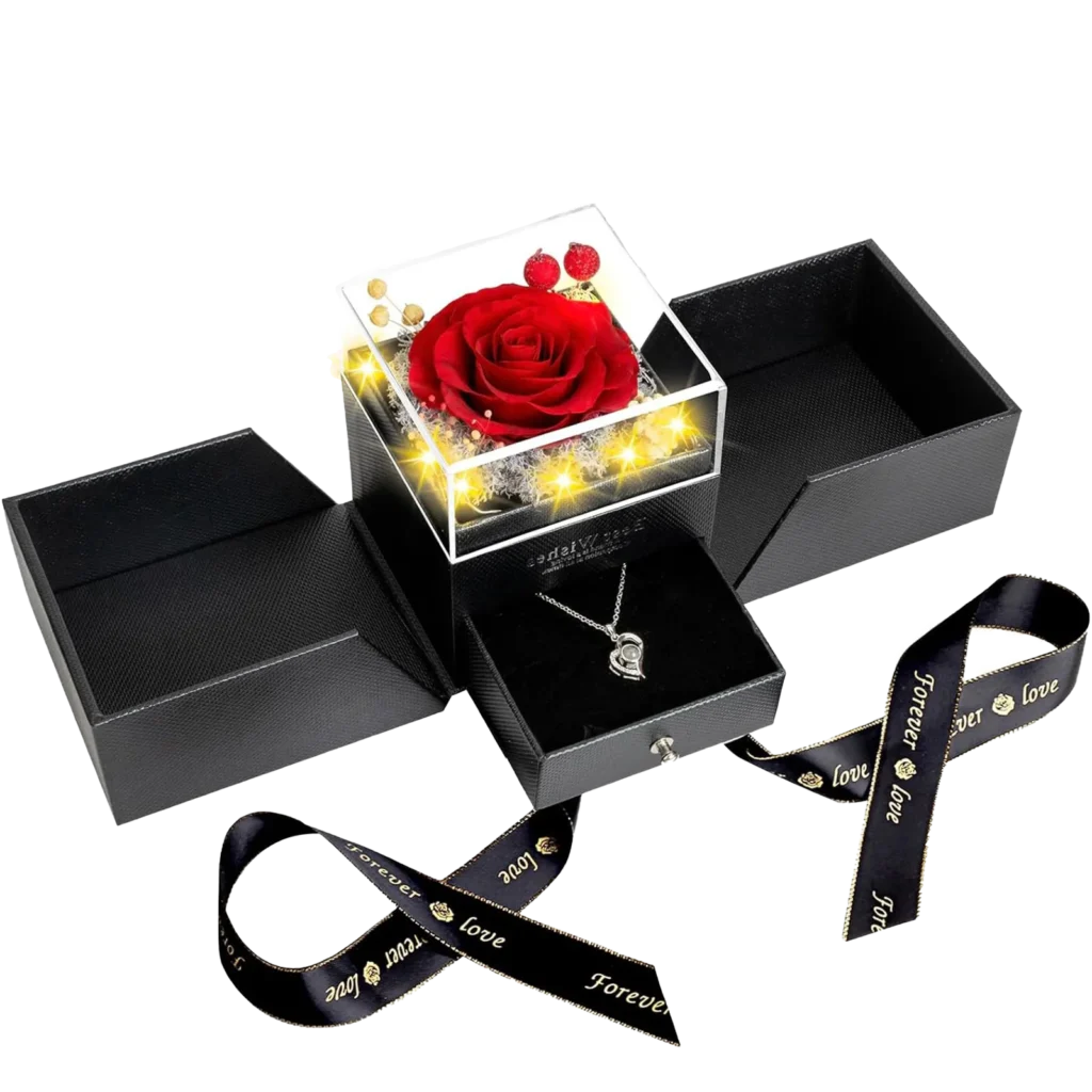 Red preserved rose jewelry box with necklace and lights by UKIQUEEN, perfect for custom gifts.