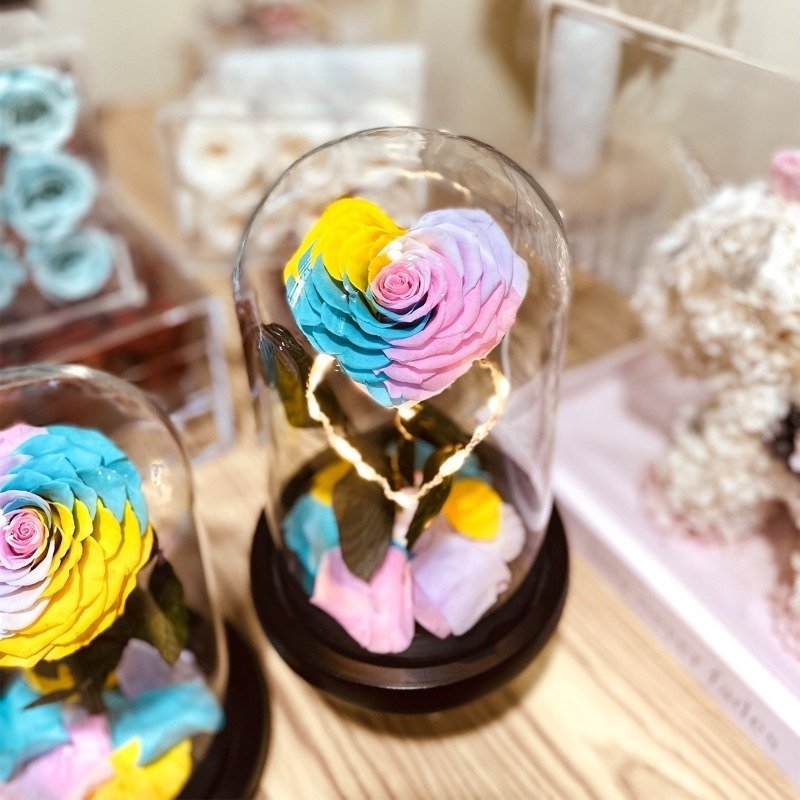 UKIQUEEN Heart Preserved Rose Dome Rainbow 12x20cm - LED Light with Plush Toy Display