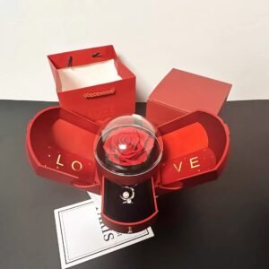 UKIQUEEN LOVE Rose Jewelry Box Red - Open Drawer with Pearl Moon Necklace & Romantic Card