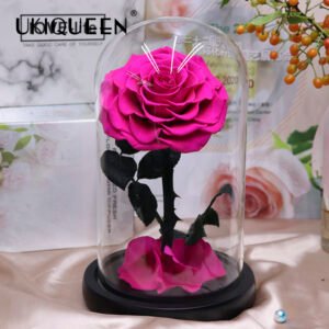 UKIQUEEN Preserved Rose Glass Dome in Magenta Pink - Romantic Table Decor with Pearls