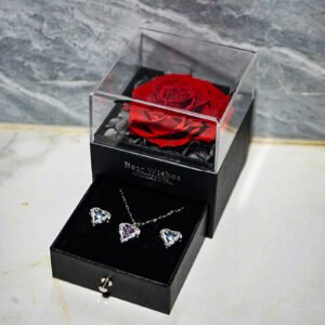 UKIQUEEN Preserved Rose Jewelry Box Red with Rainbow Crystal Heart Necklace & Earrings Set - Drawer Fully Open View