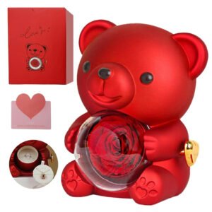 UKIQUEEN Preserved Rose Teddy Bear Red Complete Set - With Gift Box Card Ring & Necklace Eternal Rose Edition