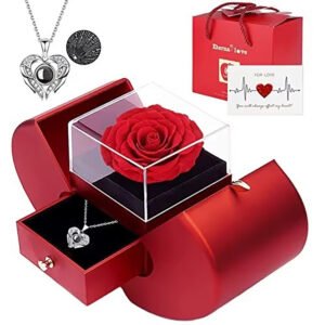 UKIQUEEN Valentine Rose Jewelry Box Red - Complete Open with Moon Locket Drawer and Gift Packaging