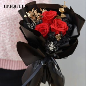 UKIQUEEN Eternal Rose Signature Bouquet Luxury Black & Gold with Three Large Red Preserved Roses and "Happy Everyday" Ribbon