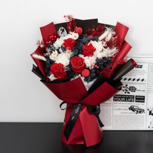 UKIQUEEN Large Preserved Rose Bouquet - Passionate Red Roses with Black Hydrangea and Burgundy Black Wrapping