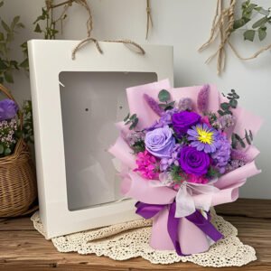 UKIQUEEN Purple Preserved Bouquet with White Gift Bag on Rustic Wooden Table - Farmhouse Style