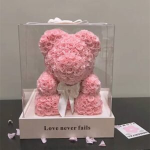 UKIQUEEN Preserved Rose Teddy Bear Wholesale Pink Full Roses with Clear Acrylic Box and Love Never Fails Label
