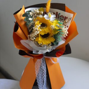 UKIQUEEN Preserved Sunflower Bouquet Warm Orange with Lace Ribbon and Luxury Black-Orange Wrapping