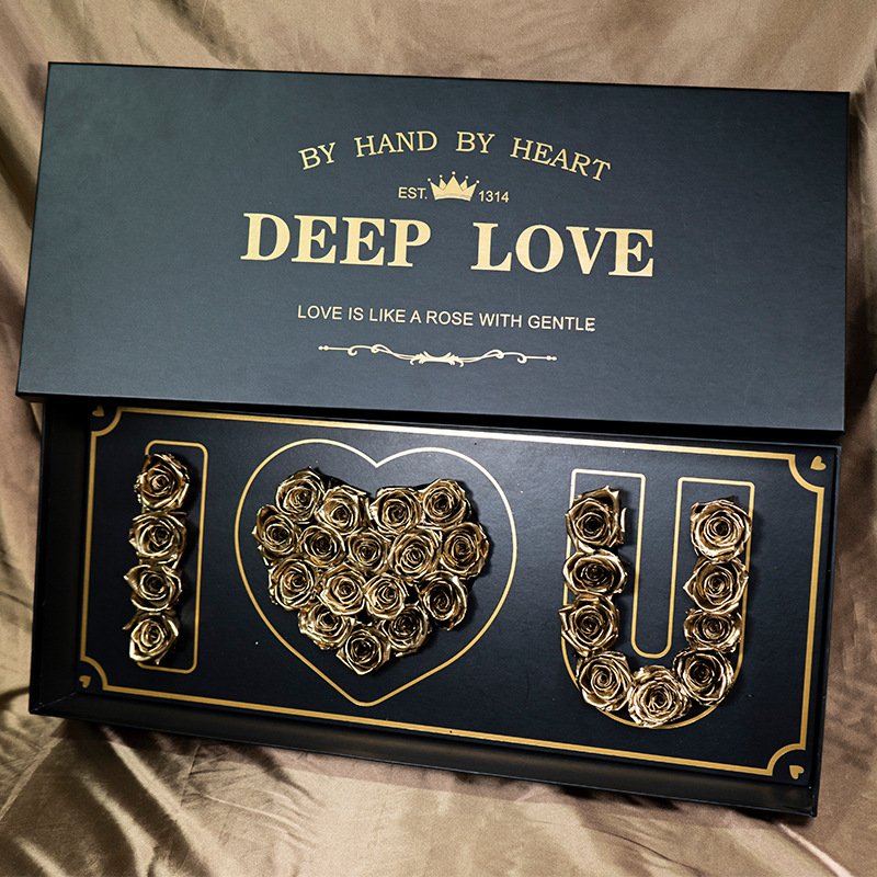 UKIQUEEN Luxury Eternal Rose "I Love You" Gift Box Gold Preserved Roses with Deep Love Lid in Black & Gold Packaging