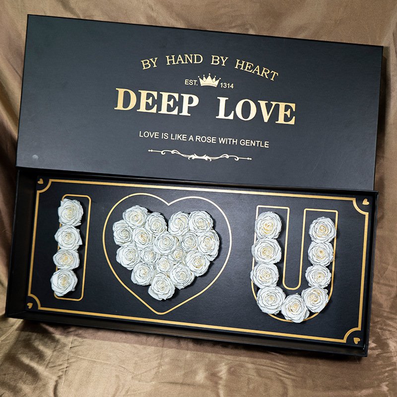 UKIQUEEN Luxury Eternal Rose "I Love You" Gift Box White Gold Preserved Roses with Deep Love Lid in Premium Black Box