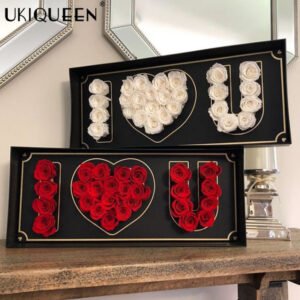 UKIQUEEN Luxury Eternal Rose "I Love You" Gift Box - White vs Red Preserved Roses in Elegant Black Box