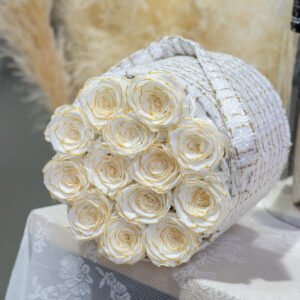 UKIQUEEN Luxury French Chic Hug Bucket Preserved Rose Flower Box White Gold Eternal Roses in Premium Tweed