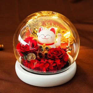 Red Preserved Flower Lucky Cat Glass Dome with LED Lights for Wealth