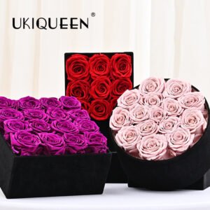 UKIQUEEN Luxury Preserved Rose Hug Bucket Flower Box with Lid Collection - Purple, Red & Pink Eternal Roses in Black Velvet