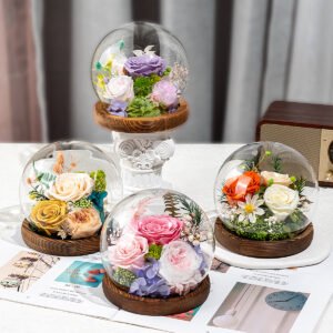 Wholesale Round Preserved Flower Dome Collection Garden Style with Roses and Hydrangea