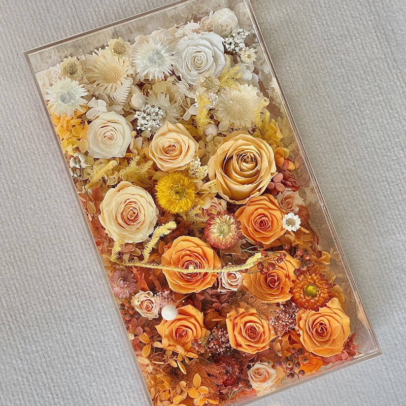 Large rectangular clear acrylic Preserved Flower Box with full bed of red roses