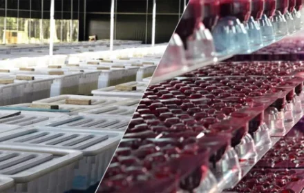 UKIQUEEN preserved roses factory: fresh roses stored in white bins (left) and finished red & pink preserved rose bouquets neatly arranged on shelves (right).